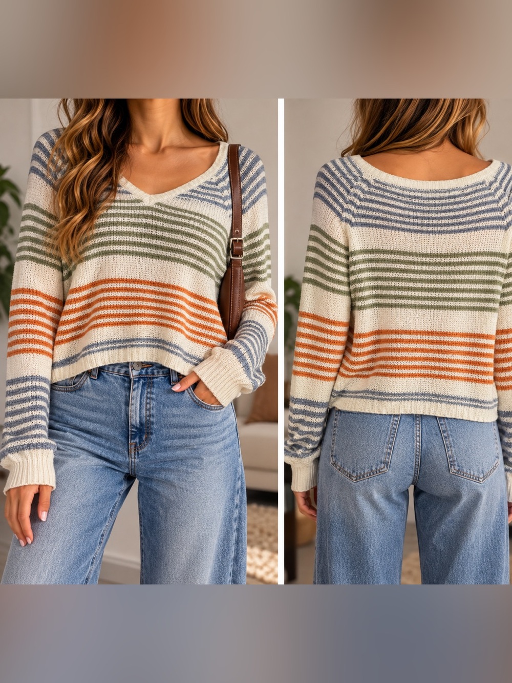 Altar’d State Multicolor Striped Knit V-Neck Sweater Size M